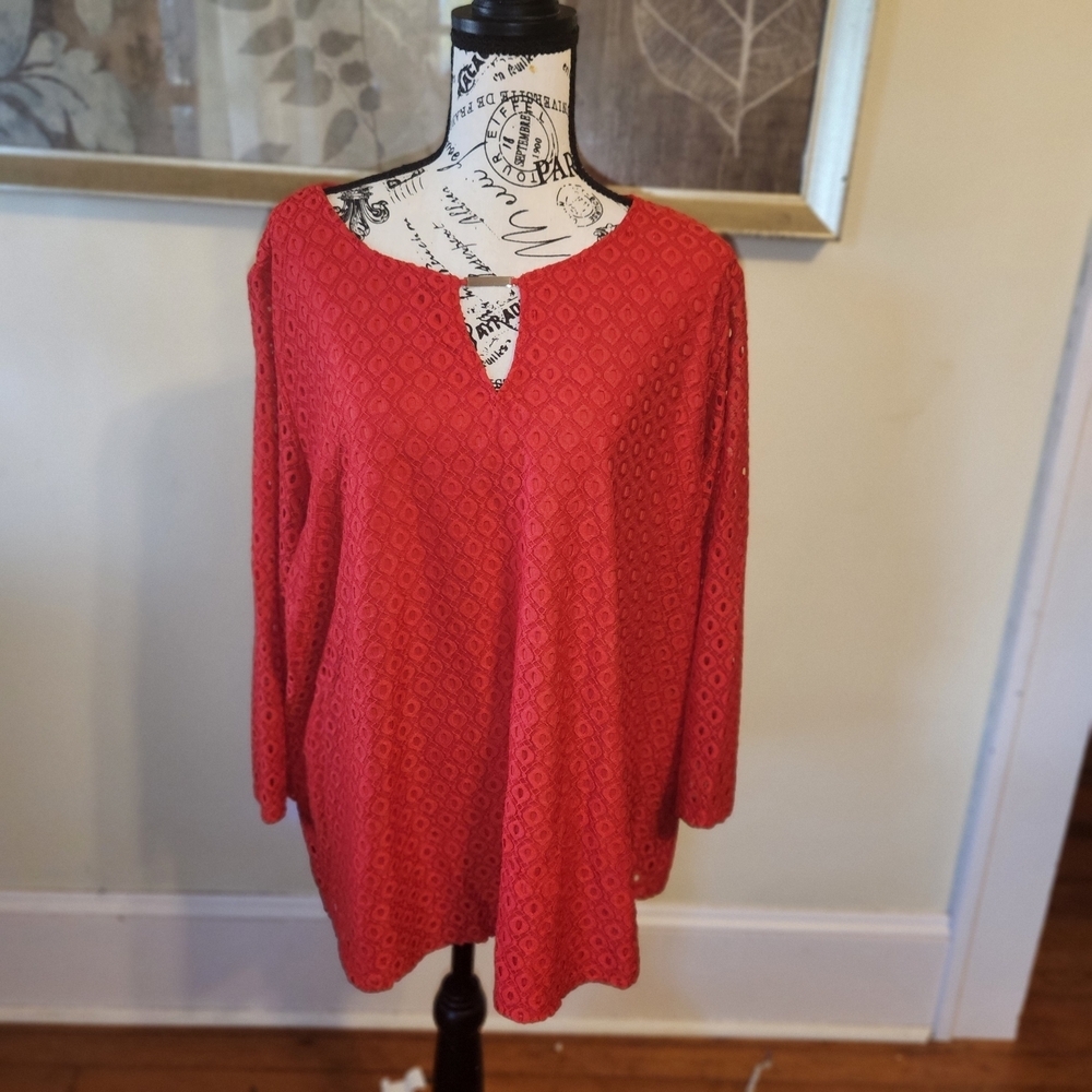 Ruby Rd. Vibrant Red Lace Detail Top - Picture 1 of 3